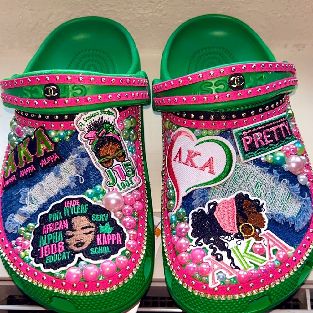 CROCS Green and Pink Embellished Slippers
